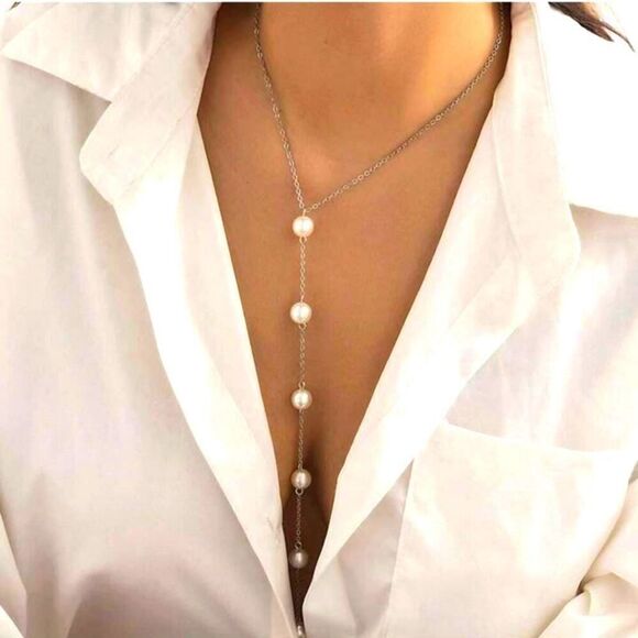 Pearl Y Shaped Necklace Long Pendant Dainty Pearl Drop Silvery or Golden Chain - Picture 5 of 13